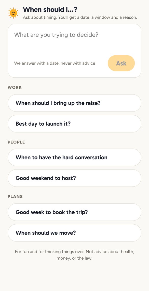 The Ask screen in Zodiacs, showing example timing questions
