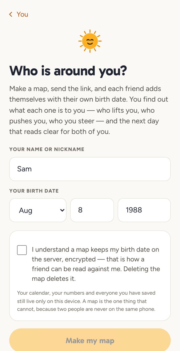 The friend map in Zodiacs, where each friend adds their own birth date